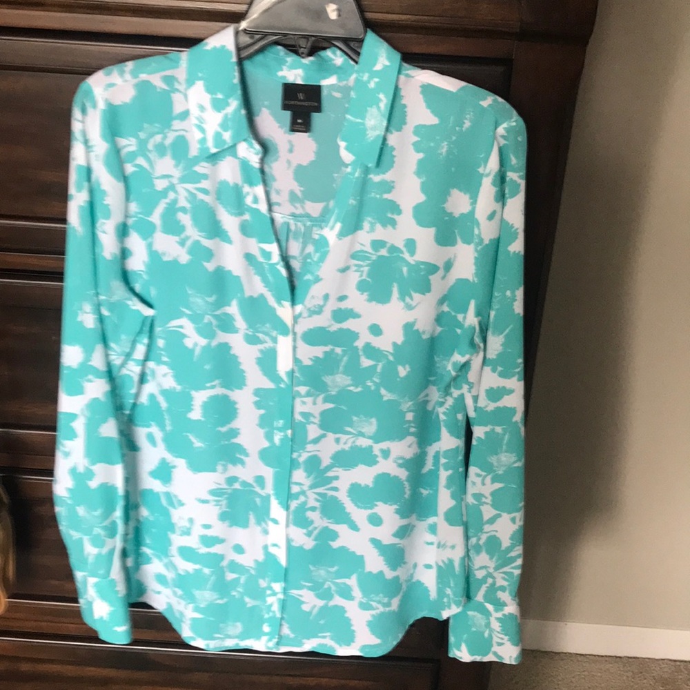 Worthington teal and white printed blouse size M, New without tags